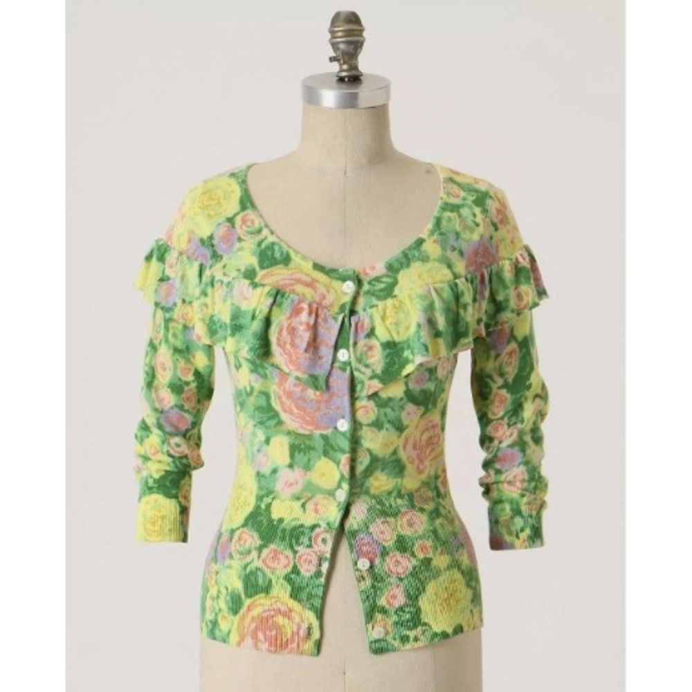 Vintage Y2K Anthropologie Little Yellow Bird Floral Ruffle Cardigan Twee Boho XS